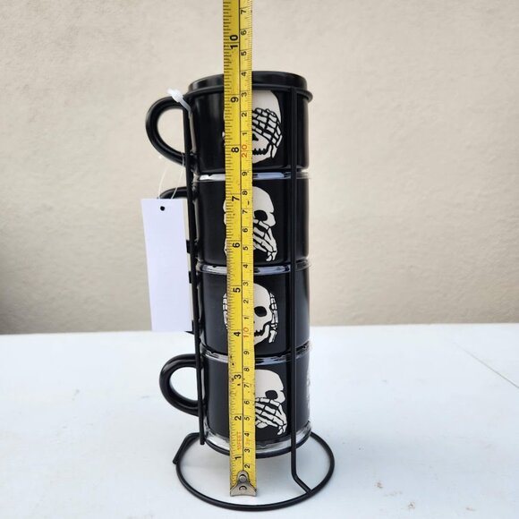 NEW Ceramic Skeleton Espresso Mugs Mug Set of 4 Stacking Stackable Black Stonewa - Picture 12 of 15